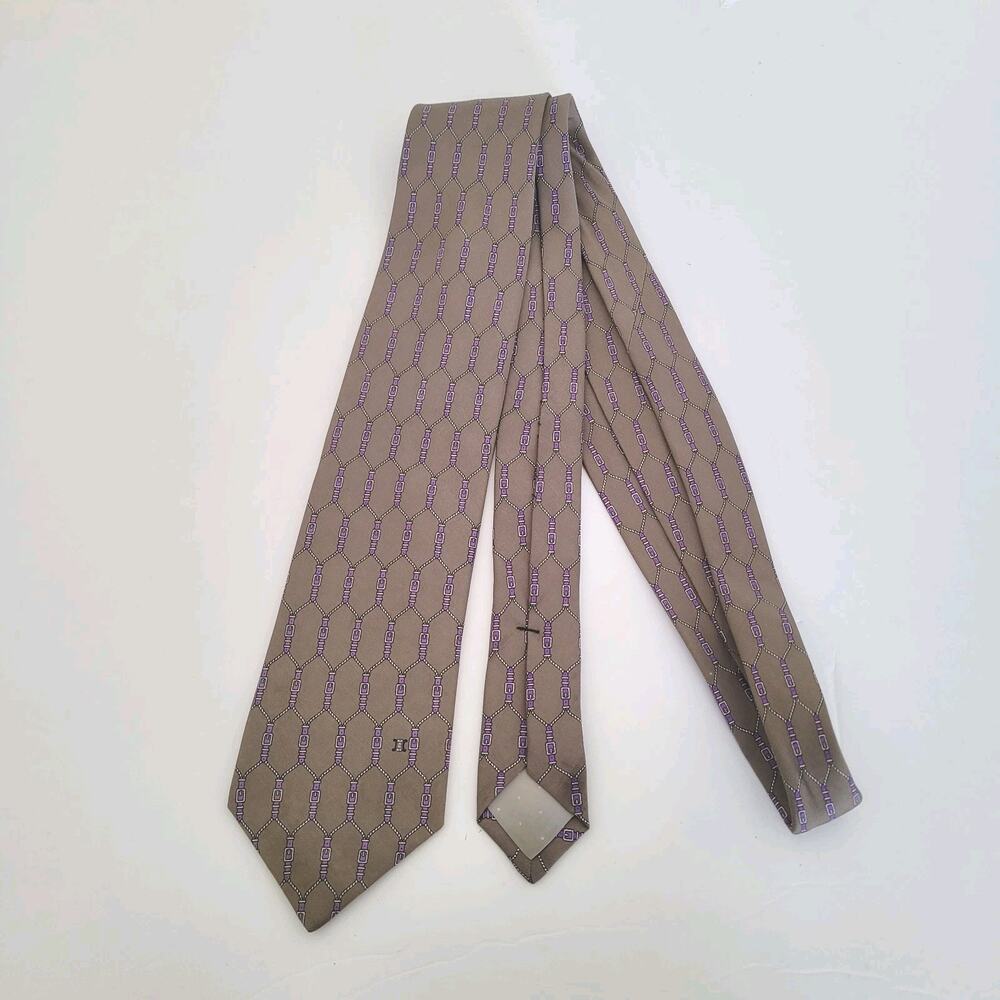 Celine Men's Neck Tie Made In Spain Designer Silk Gray Purple Geometric Belts